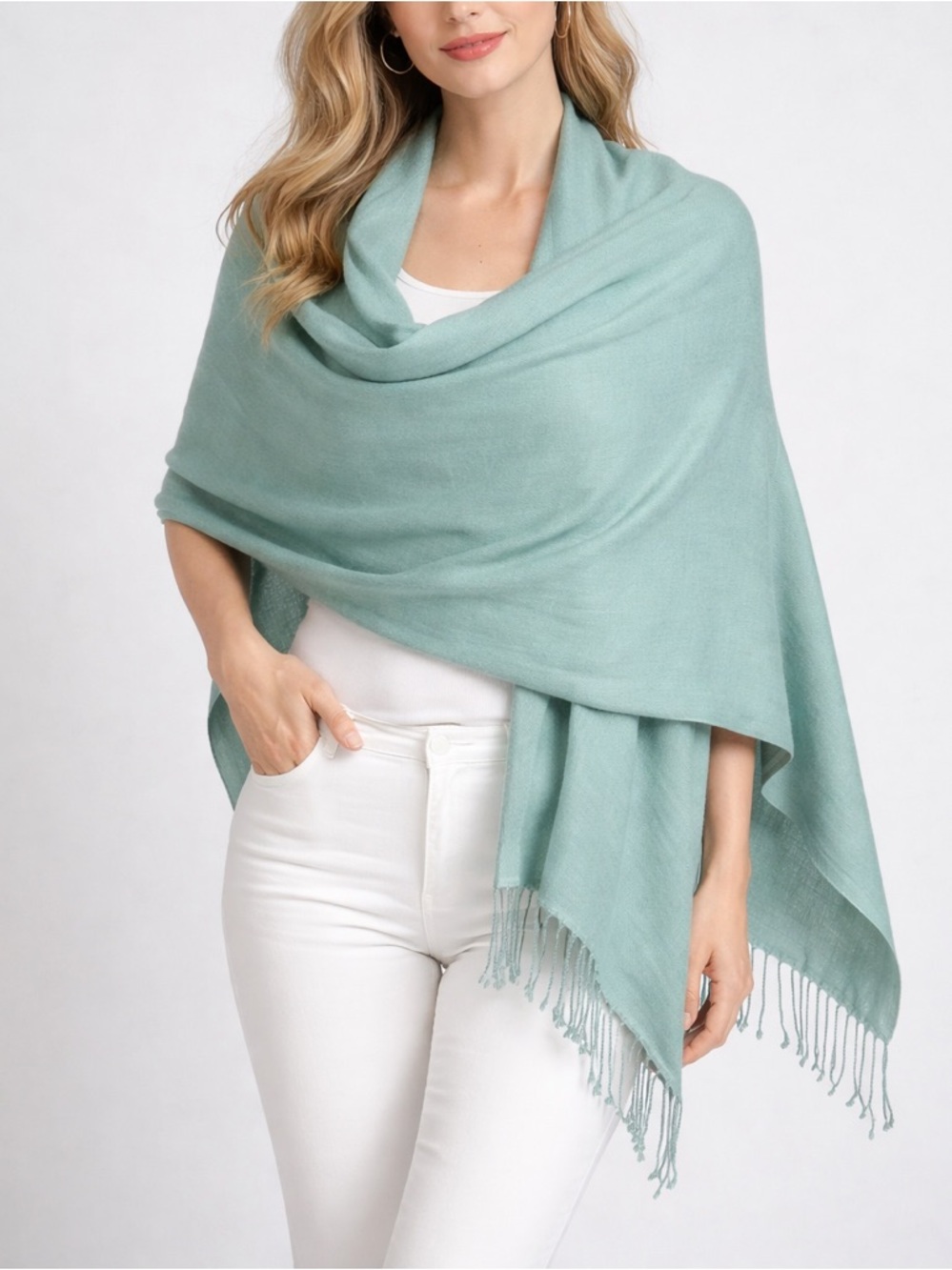Toto Pashmina New York Mint Green Fringe Wrap Shawl Scarf 28.5x80 Silk Blend